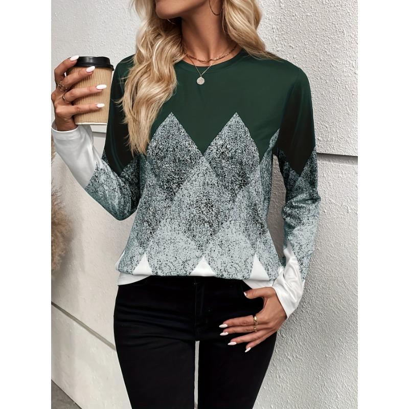 Colorblock Crew Neck T-shirt, Casual Long Sleeve Top For Spring & Fall, Women's Clothing