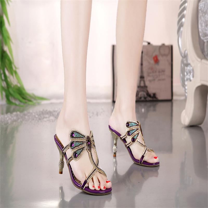 Fashion Summer Rhinestone Sandals Genuine Leather Glitter Women Open Toe Sandals High Heels Party Shoes Gladiator Sandals Wedding Shoes