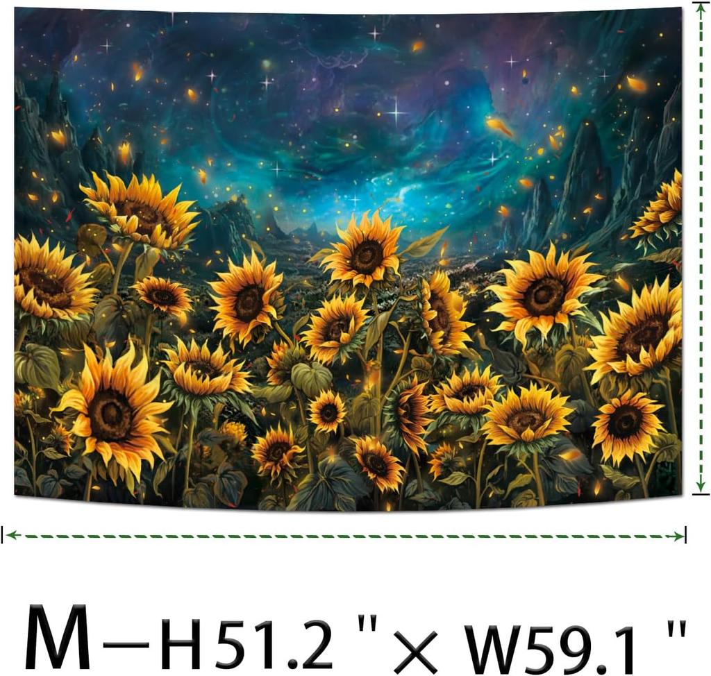 Heynvioo Sunflower Tapestry Galaxy Space Tapestry Fall Yellow Floral Plants Tapestries Starry Sky Mountain Nature Tapestries Wal