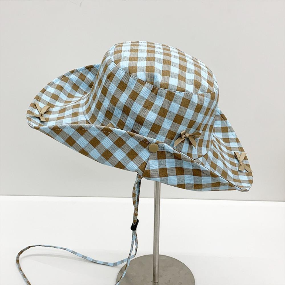 Sun Protection Drawstring Sun Hat Small Lattice Bow Bucket Hat Sweet Plaid Hiking Cap  Famale
