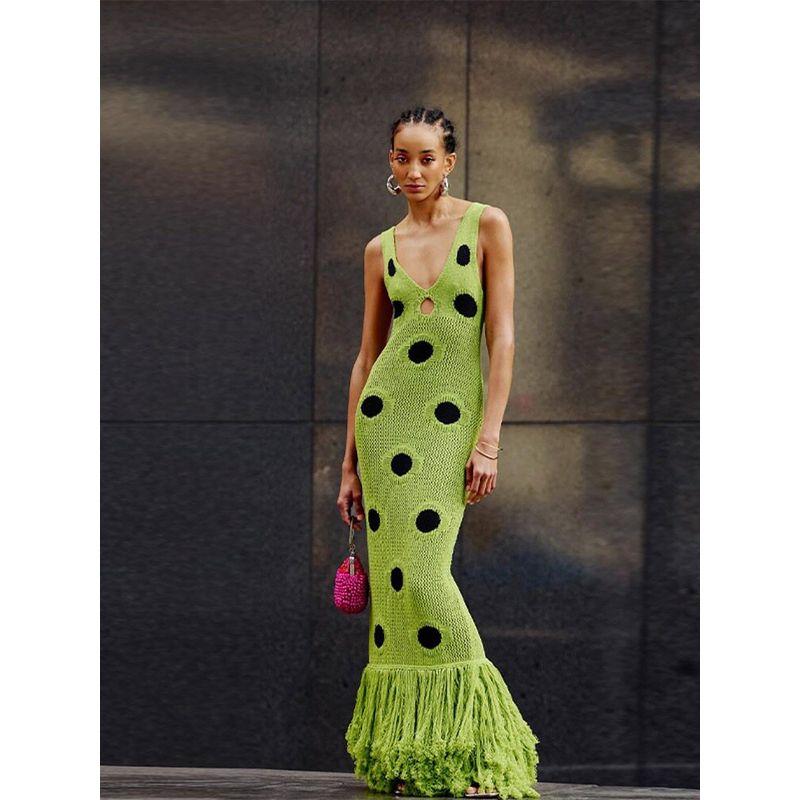 Polka Dot Knitted Fringed Camisole Dress Polka Dot Knitted Tassel Dress Green S