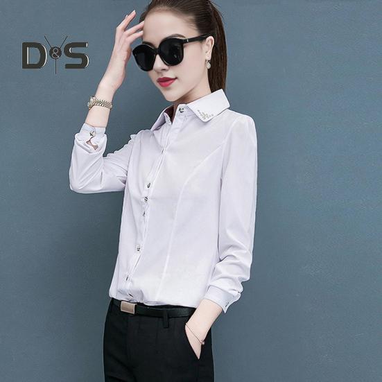 Women Shirt Lapel Long Sleeve Solid Color Single Breasted Shirt Tops Office Lady Shirt Work Daily Wear