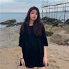 Summer New Couple Girlfriends Lazy Wind Clothes Missing Loose Medium and Long Short-sleeved T-shirt Women's Clothing