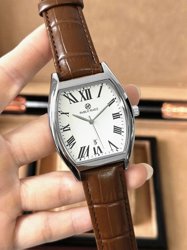 Pablo Raez Barrel Watch: Waterproof Leather Strap, Calendar, Casual Men's Style.