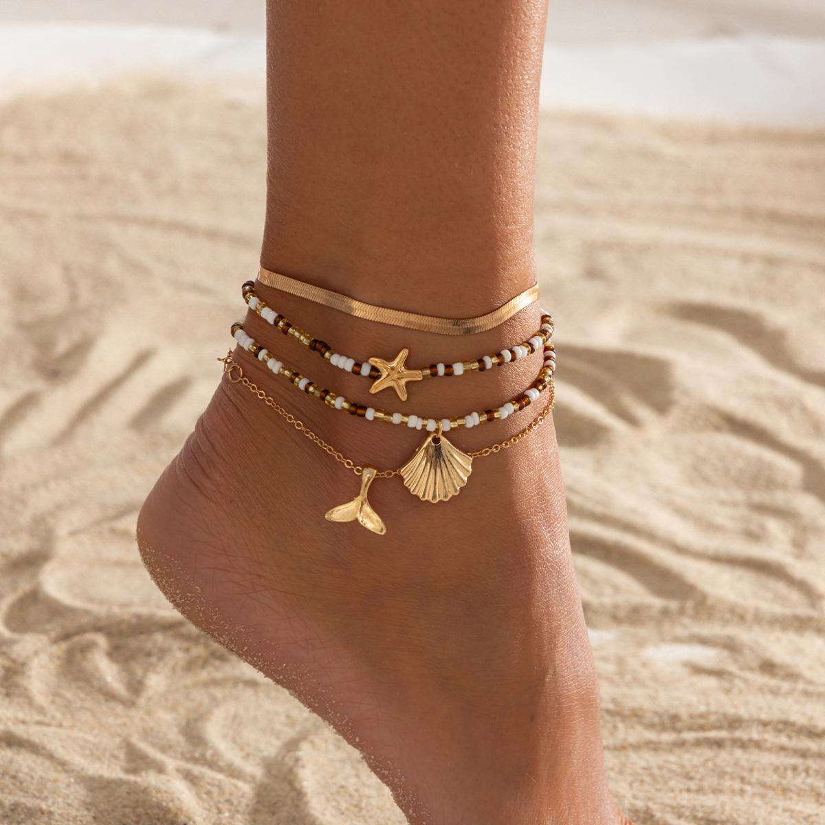 Holiday Style Starfish Fan Shell Fish Tail Pendant Ankle Chain Bohemian Imitation Pearl Rice Bead Foot Decoration