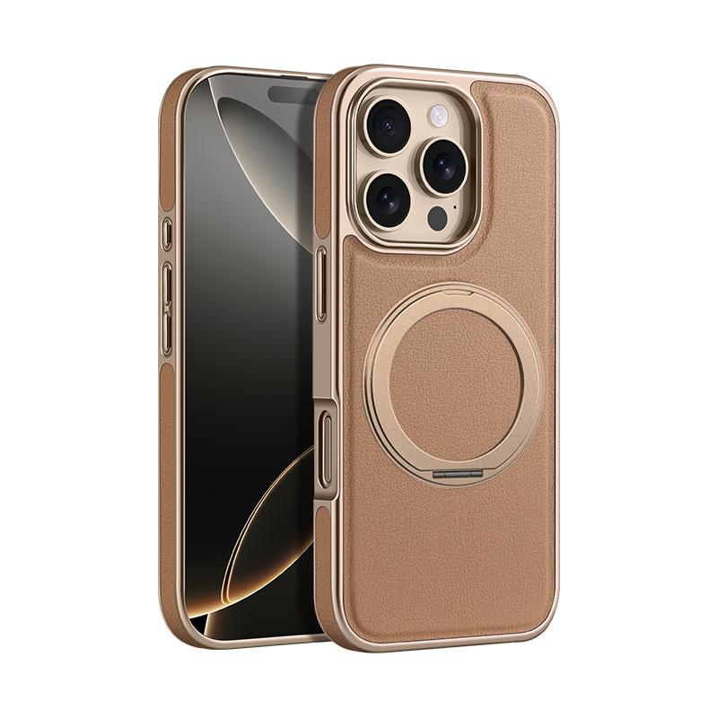 For Magsafe Magnetic 360 ° Rotating Metal Car Bracket Ring Solid Color Leather Phone Case For iPhone 16 Pro Max 14 13 15 Pro Max