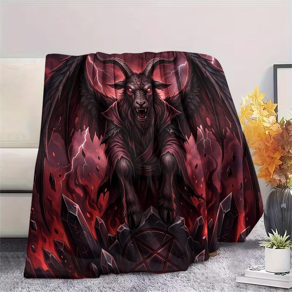 1Pc Satanic goat Print Flannel Blanket, High quality Comfortable for All Seasons, Home Decor, Warmth and Comfort, Perfect for Christmas Gifts