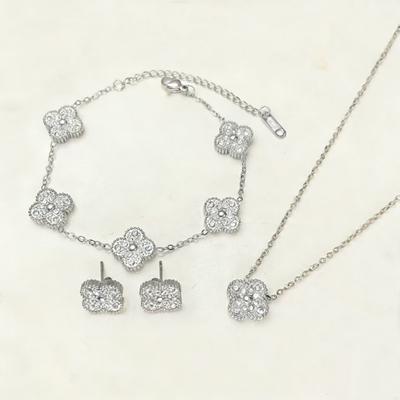 3pcs Full Diamond Four-leaf Clover Flower Bracelet Three-piece Set with Earrings and Necklace, Textured Titanium Steel 18K Gold Jewelry