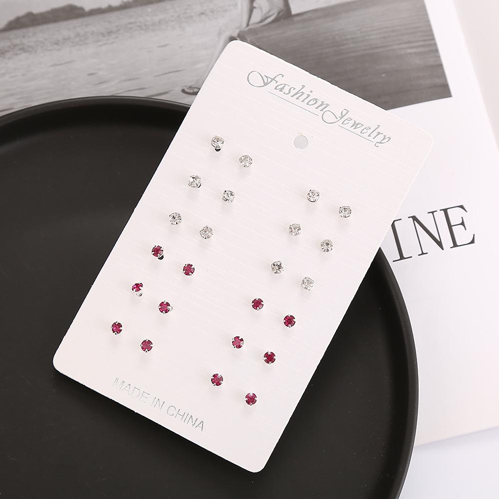 Elegant Colored Rhinestone Stud Earrings Set - 12 Pairs