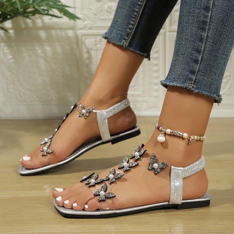 Fashion Ladies Shoes 2024 High Quality Elastic Band Women's Sandals Fashion Butterfly-knot Dress Sandals Women New Peep Toe Flat Sandals