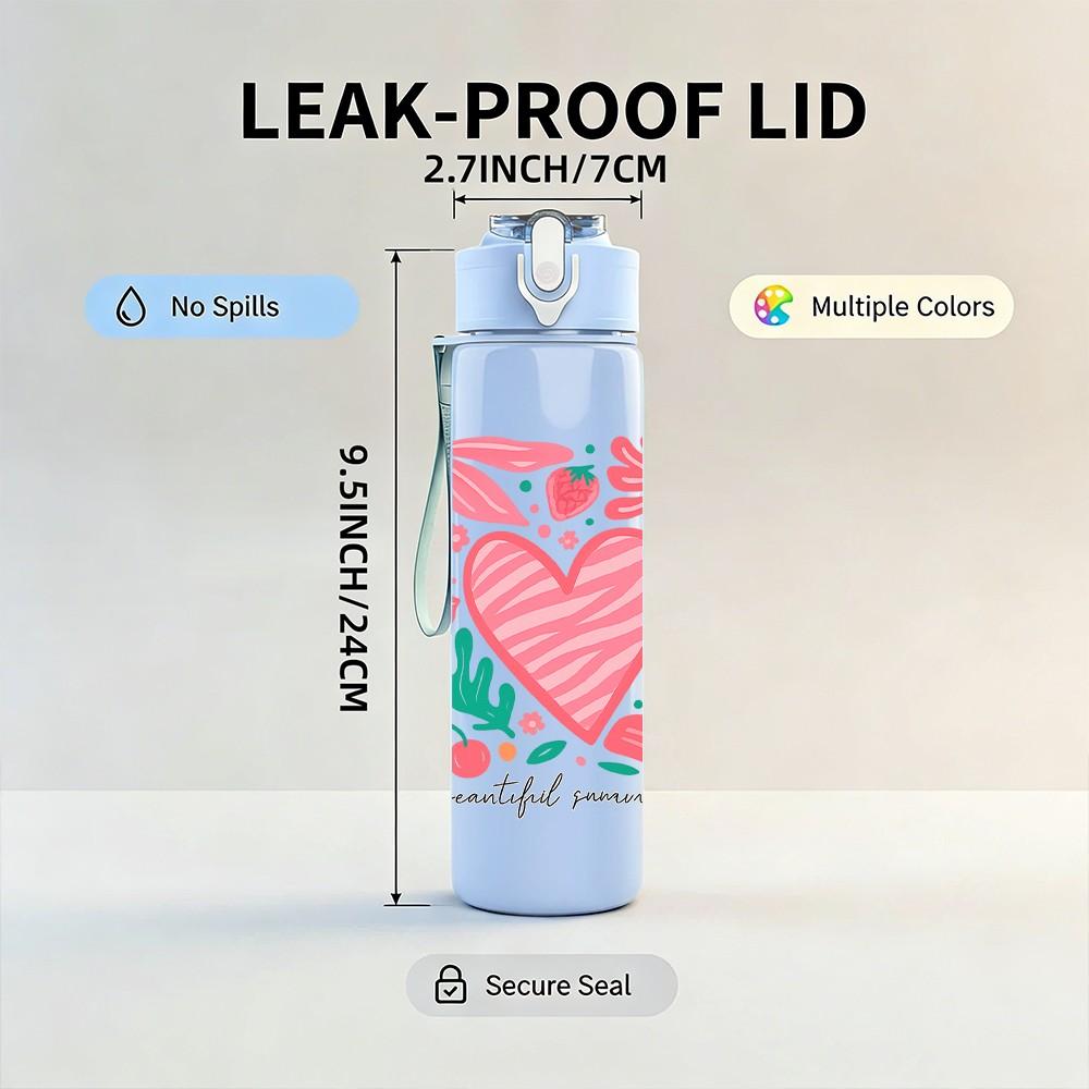 1PC Pink Floral Heart Frame 750ml Color Plastic Sports Water Bottle Leakproof Flip Straw Lid Suitable for Sports Office Home Use