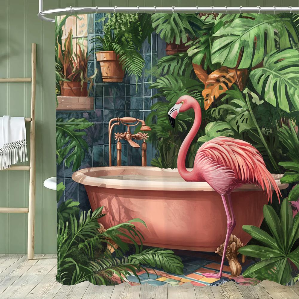 Funny Flaming Bird Bathtub Shower Curtain With Hooks,Tropical Plant Bathroom Curtain,Printed Fabric Home Decoration Curtain