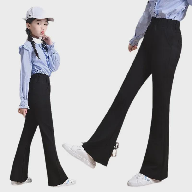 "2024 Girls' Stylish Black Bell-Bottom Pants - Trendy Spring & Autumn Wear for Big Kids"