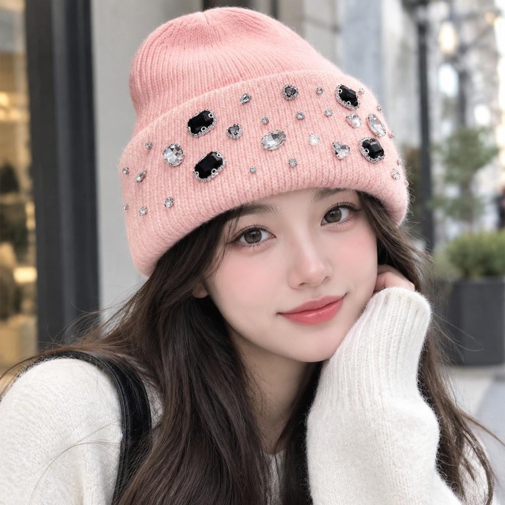 Solid Color Warm Beanie Versatile Windproof Cap Gift Rhinestone Knitted Hat  Travel