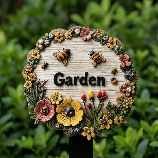 Wooden Decorative Garden Stake, Farmhouse Rustic Flower Butterfly Bee Ladybug Yard Art, Welcome Sign for Outdoor Yard Lawn Patio Pathway