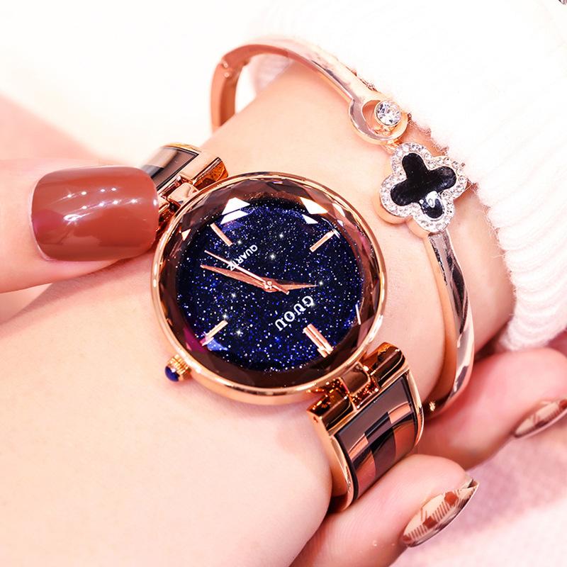 

Гонконг Новые часы Starry Sky, модные женские часы со стальным ремешком, изысканные водонепроницаемые кварцевые часы
