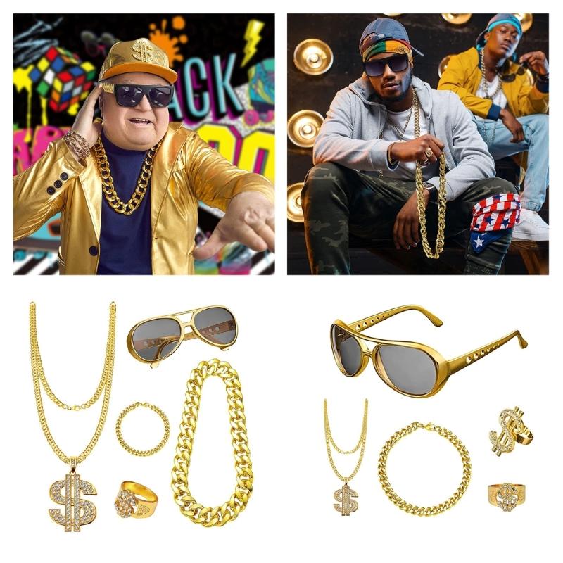 Hip Hop Costume Kit Dollar Sign Pendant Necklace Adjustable Hat Hip Hop Dollar Rings Sunglasses Bracelets Set Gifts