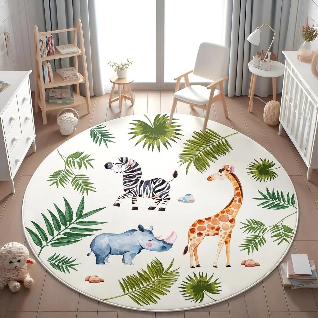 Learning Animal Playmat Giraffe Lion Baby Kids Playroom Mat World Map NonSlip Mat Safari Round Rug Kid's Animals Printed Rug