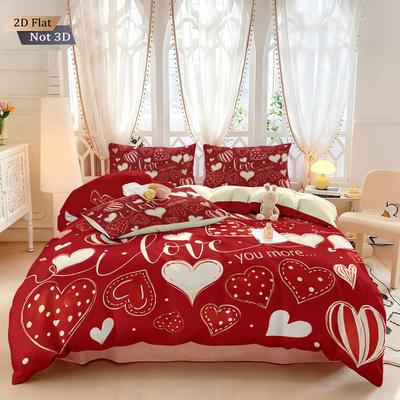 3pcs Valentine's Day Romantic Red Love Printed Chipless Quilt Set Multi Size Bedroom Bedding Holiday Decoration Machine Washable