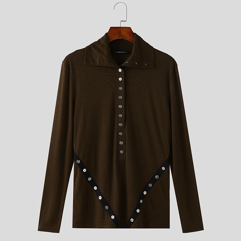 

INCERUN Men s Lapel Neck Long Sleeve Buttons Up Casual T-shirts Undershirts S коричневый