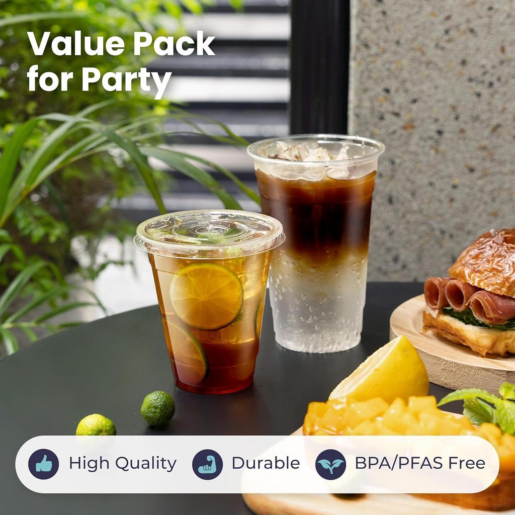 20 Clear Plastic Fruit Cups with Flat Lids PET Disposable Parfait Crystal Cups Suitable for Ice Coffee Juice and Beer Tumblers