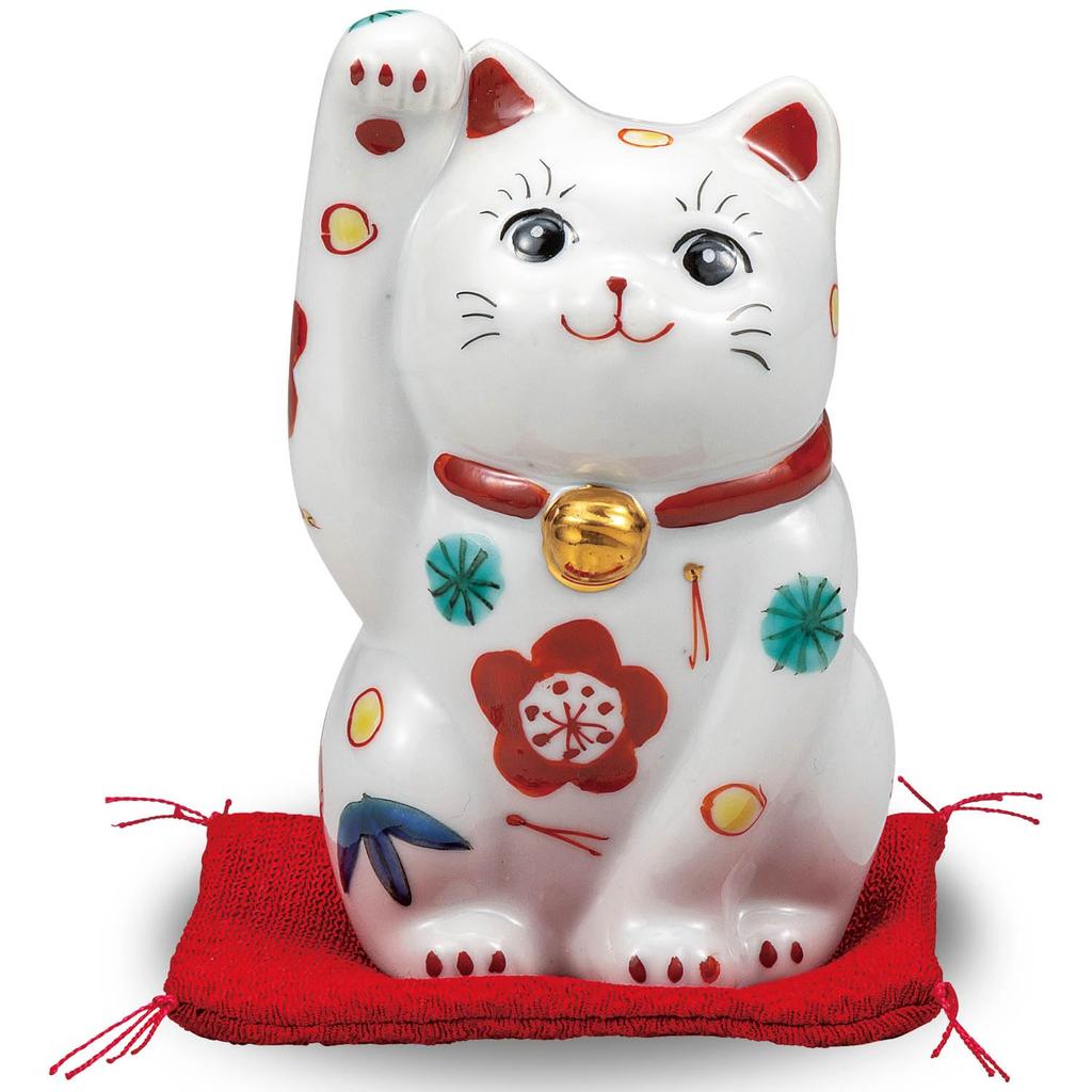 Stylish Kutani Ware Lucky Charm Figurine Featuring a Right-handed Beckoning Cat and Pine, Bamboo, and Plum Design from Waza No Kura. Perfect for Celeb
