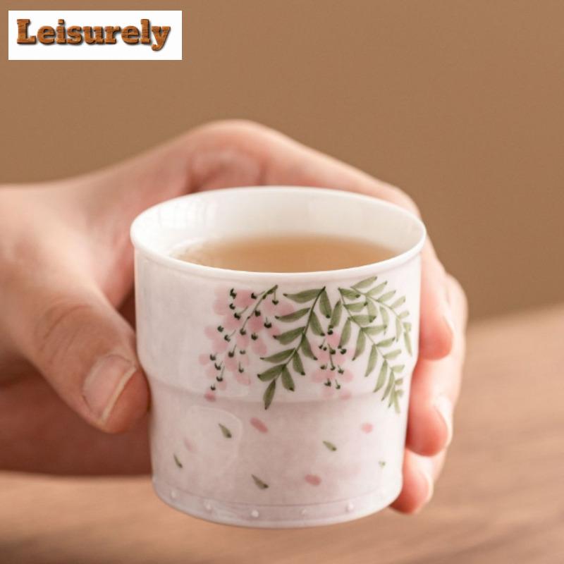 2pc/set Hand Drawn Wisteria Flower Teacup Dehua White Porcelain High Joint Cup Master Single Cup Women's Tasting Tea Mug Teaset
