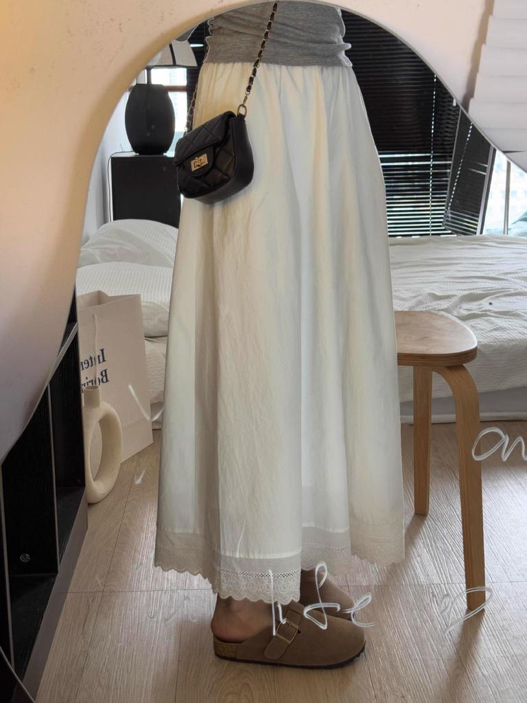 Women's Mid-Length A-Line White Lace Patchwork Skirt - Spring 2025 Collection