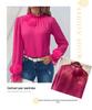 Versatile Women's Floral Chiffon Puff Sleeve Top - Long Sleeve French Style, Rose Solid Color, Age-Reducing Design