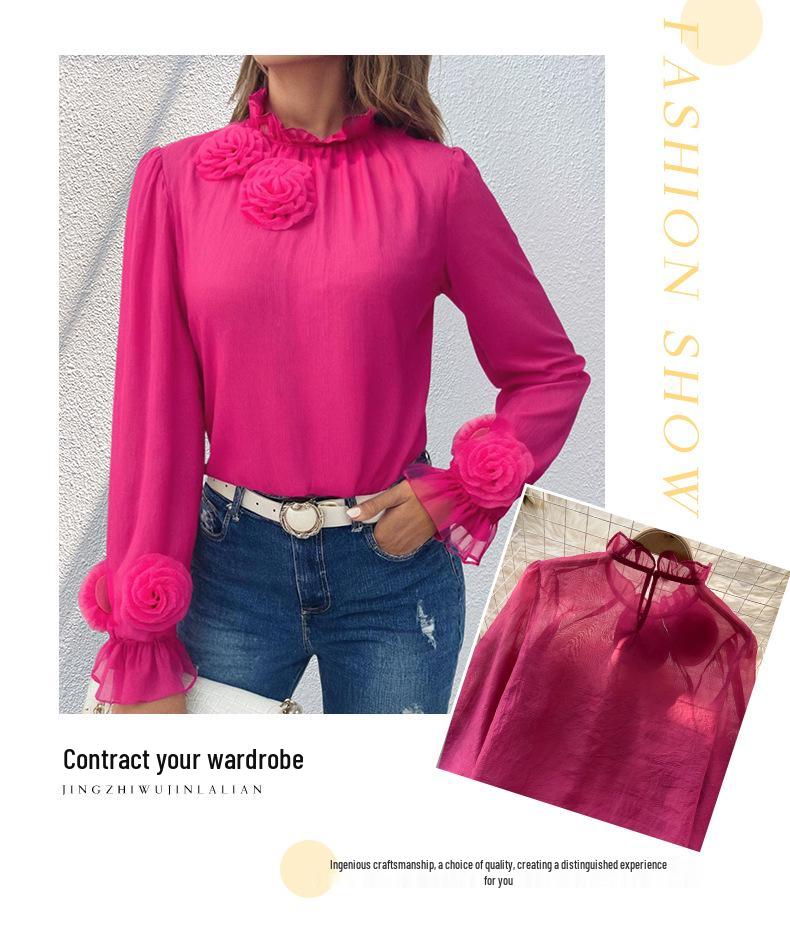Versatile Women's Floral Chiffon Puff Sleeve Top - Long Sleeve French Style, Rose Solid Color, Age-Reducing Design