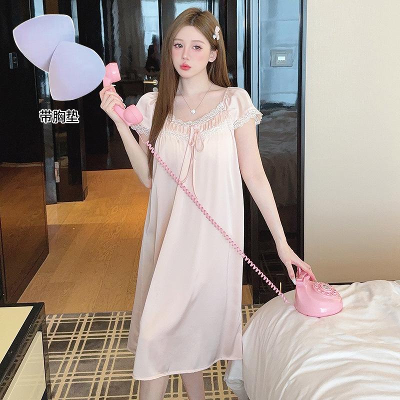New summer women's short-sleeve nightdress, water clouds and ice snow silk nightgown, fresh and cool, comfortable home lace pajamas
