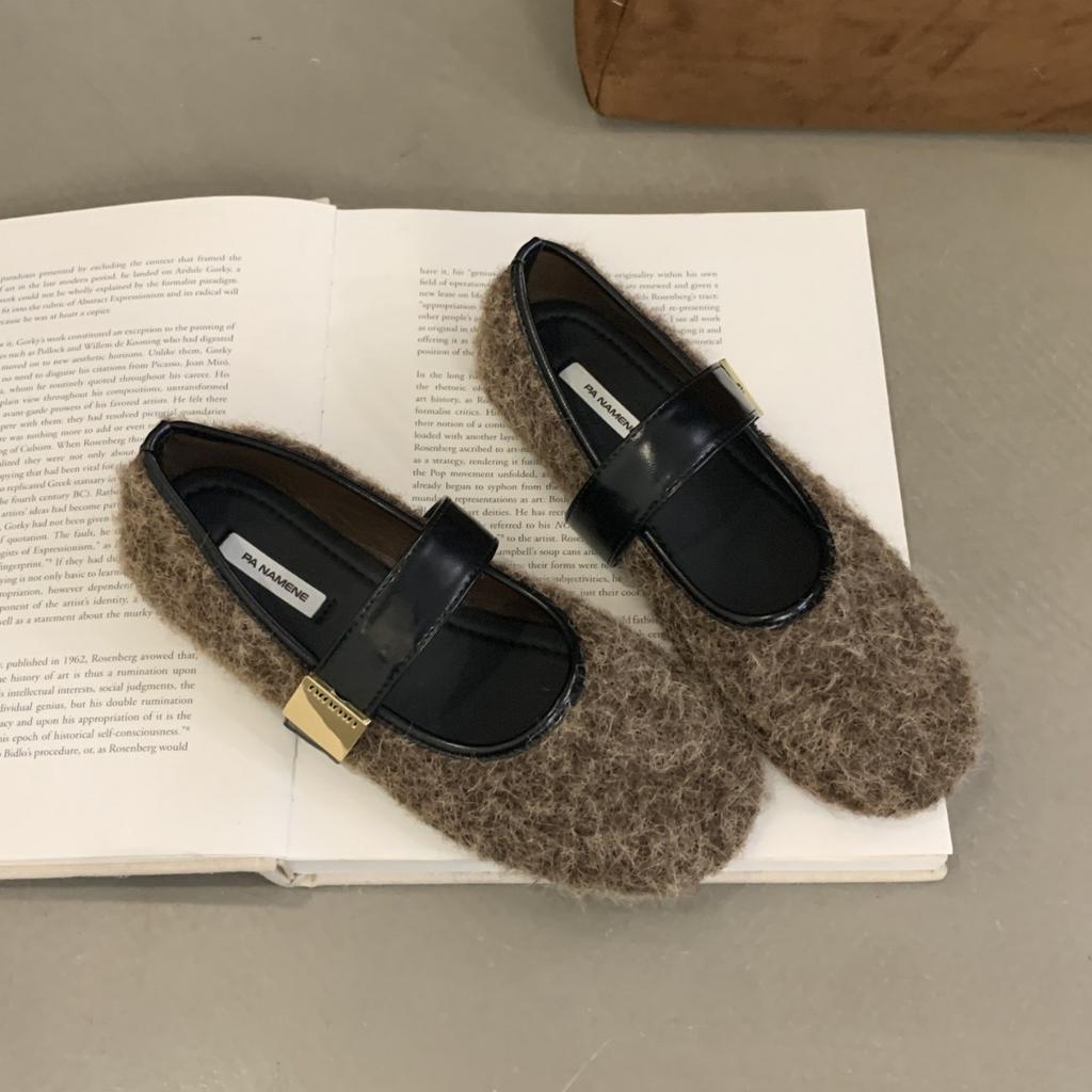 Suding's new retro round head flat bottom one-word buckle with Mary Jane shoes women's warm and plush niche fluffy single shoes