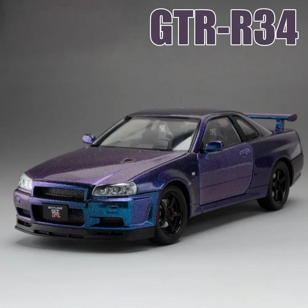 1:24 GTR-R34 Sports Car Model Toy Music Light Pull Back Diecast Metal Shock Absorption Supercar Models Home Decor Decoration