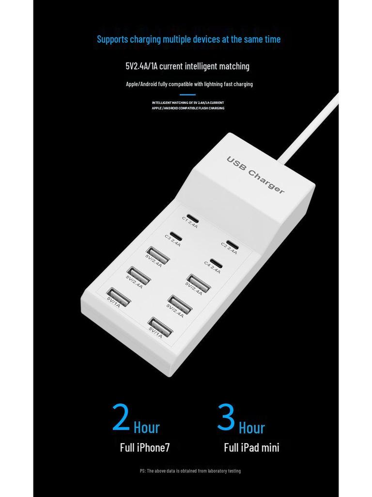 10-Port USB-C Fast Charger Power Strip, 5V2A, Safe Socket for Apple, Huawei, Xiaomi