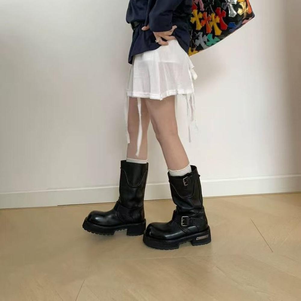 2025 New Style Women's Vintage Distressed Riding Boots with Buckle - Mid - Calf Boots