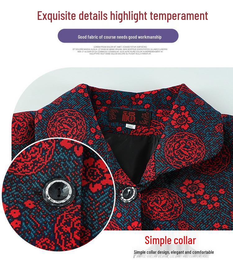 2026 Plus Size Printed Jacket for Middle-aged and Elderly Women, Spring/Autumn, Loose & Slimming, Lapel Top