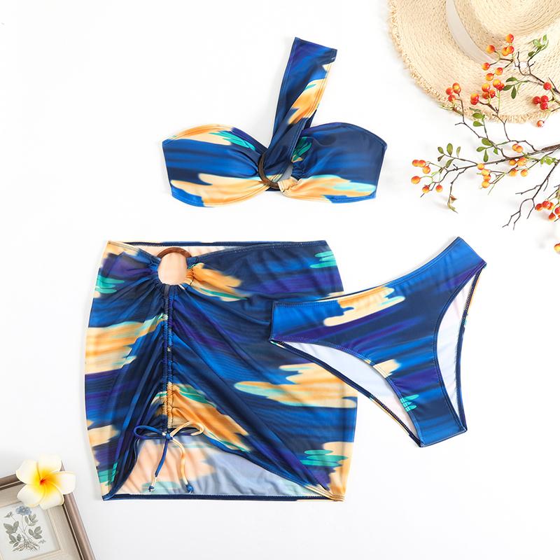 New Sexy Dyed Print One Shoulder Women's Swimsuit Three Piece Bikini Set Single Shoulder Backless Beachwear