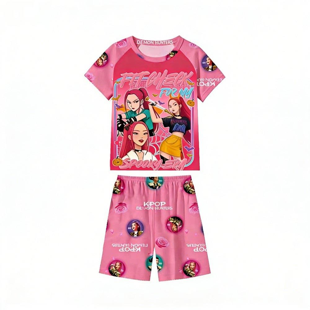 Zomer Kinder Pyjamaset Kpop Demon Hunters Bedrukt Kinder O-hals Korte Mouw Tops Shorts 2 Stuks Zomer Meisjes Casual T-shirt Sets