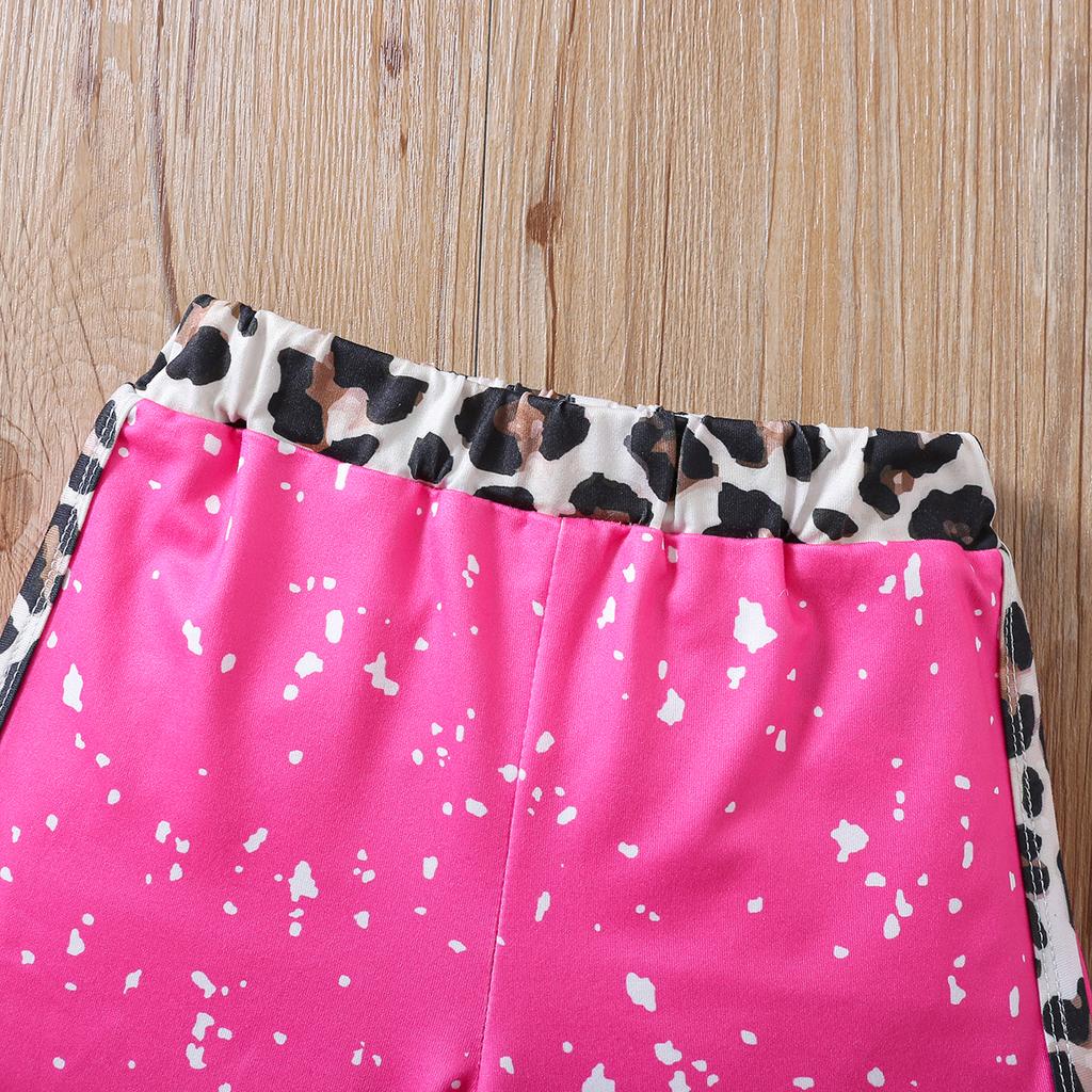 Girls Summer Two-piece Outfit Rainbow Snowflake Leopard Print Spliced Top and Shorts Casual Set