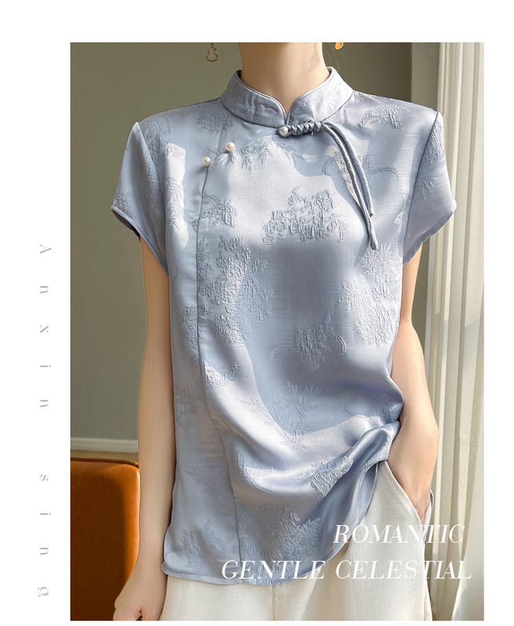 Women's 2025 Spring/Summer Chinese Faux Silk Jacquard Shirt - National Trend Tang Suit with Stand Collar and Diagonal Placket