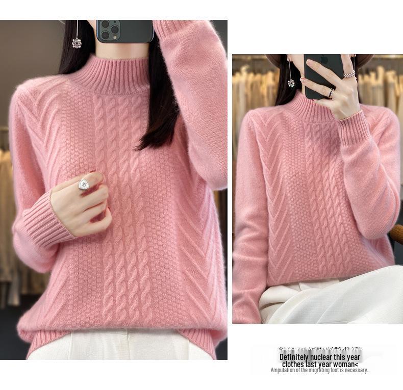 2023 Women's Autumn/Winter Thick Cable Knit Semi-High Neck Sweater