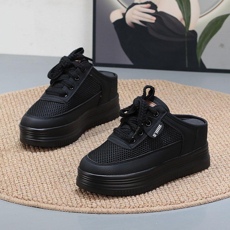 

Модные 7 см тапочки из микрофибры и синтетической кожи, женские сандалии с круглым носком, балетки, летние туфли на платформе и танкетке 34 чёрный