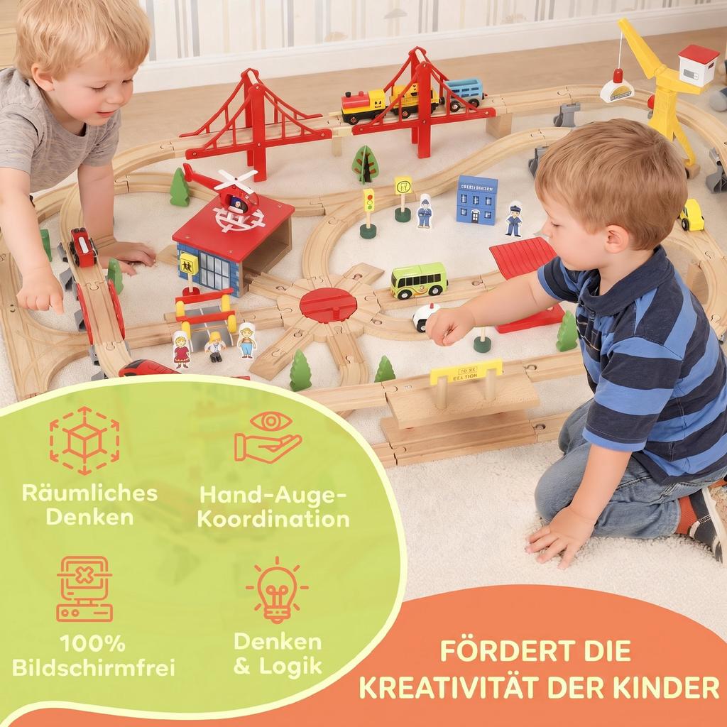 133-Piece Wooden Train Set, Toy Train with Crane, Storage Box, for Kids Ages 3+