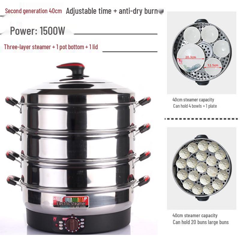52cm Multifunctional Electric Steamer with Auto Shut-off, Keep Warm Feature, Stainless Steel, Three Layers