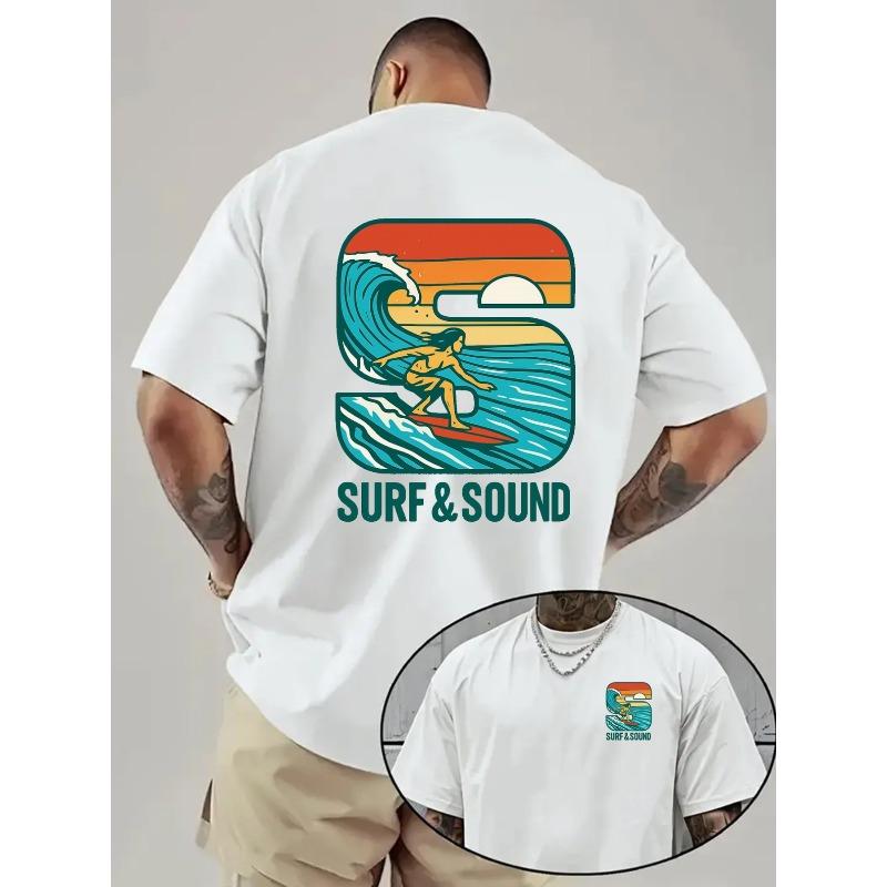 Surfing and Sound, Double-Sided Printed Pattern Men s Fashion Trend T-Shirt, Suitable for Home Daily Leisure and Outdoor Fitness Sports S белый
