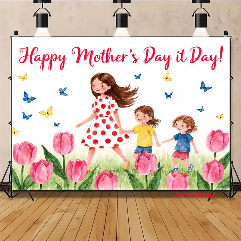 CWhimsical Mother's Day Backdrop, Watercolor Mom and Children in a Tulip Garden with Butterflies, Sweet Spring Party Wall Decor
