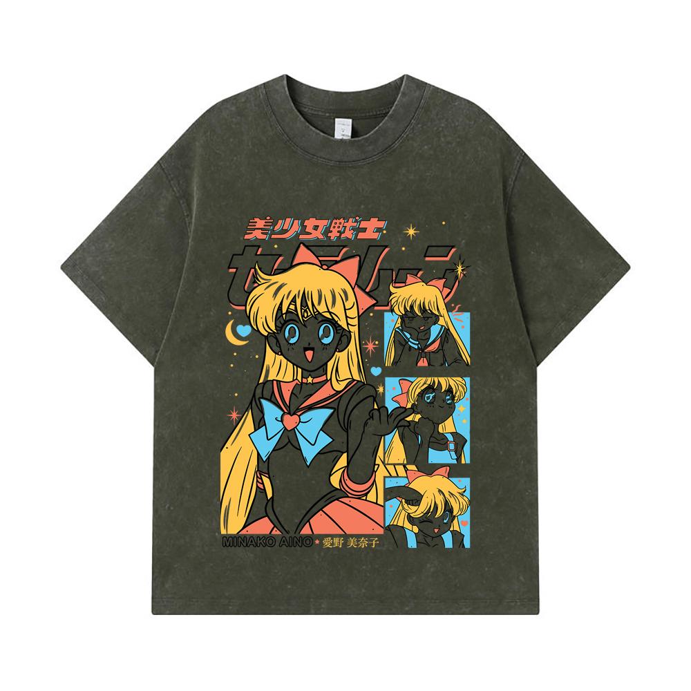 

275 GSM Washed T-shirts 100% Cotton Minako Aino Print Unisex Heavy Cotton T Shirt S армия зеленый