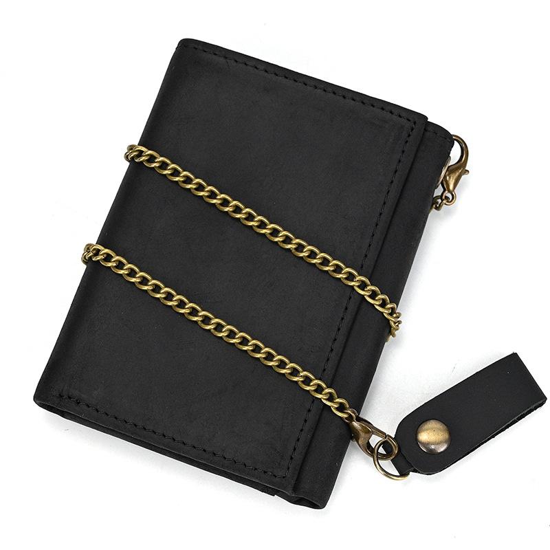 Vintage Genuine Leather Men Wallet Crazy Horse Leather Male Cowhide Trifold Card Holder Wallet with Metal Chain