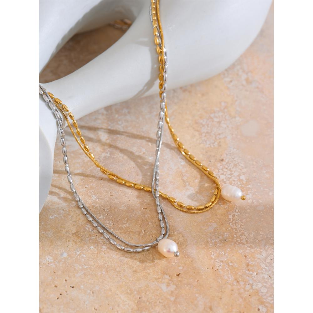 Yhpup High Quality Stainless Steel Double-layered Chain Natural Pearl Necklace Pendant Tarnish Resistant Daily Exquisite Jewelry