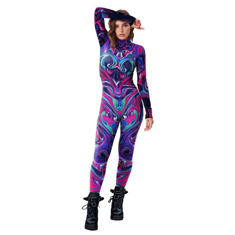 

Многоцветная печать праздничный женский костюм для взрослых призрак панк стиль косплей выступление костюмы боди комбинезон XL